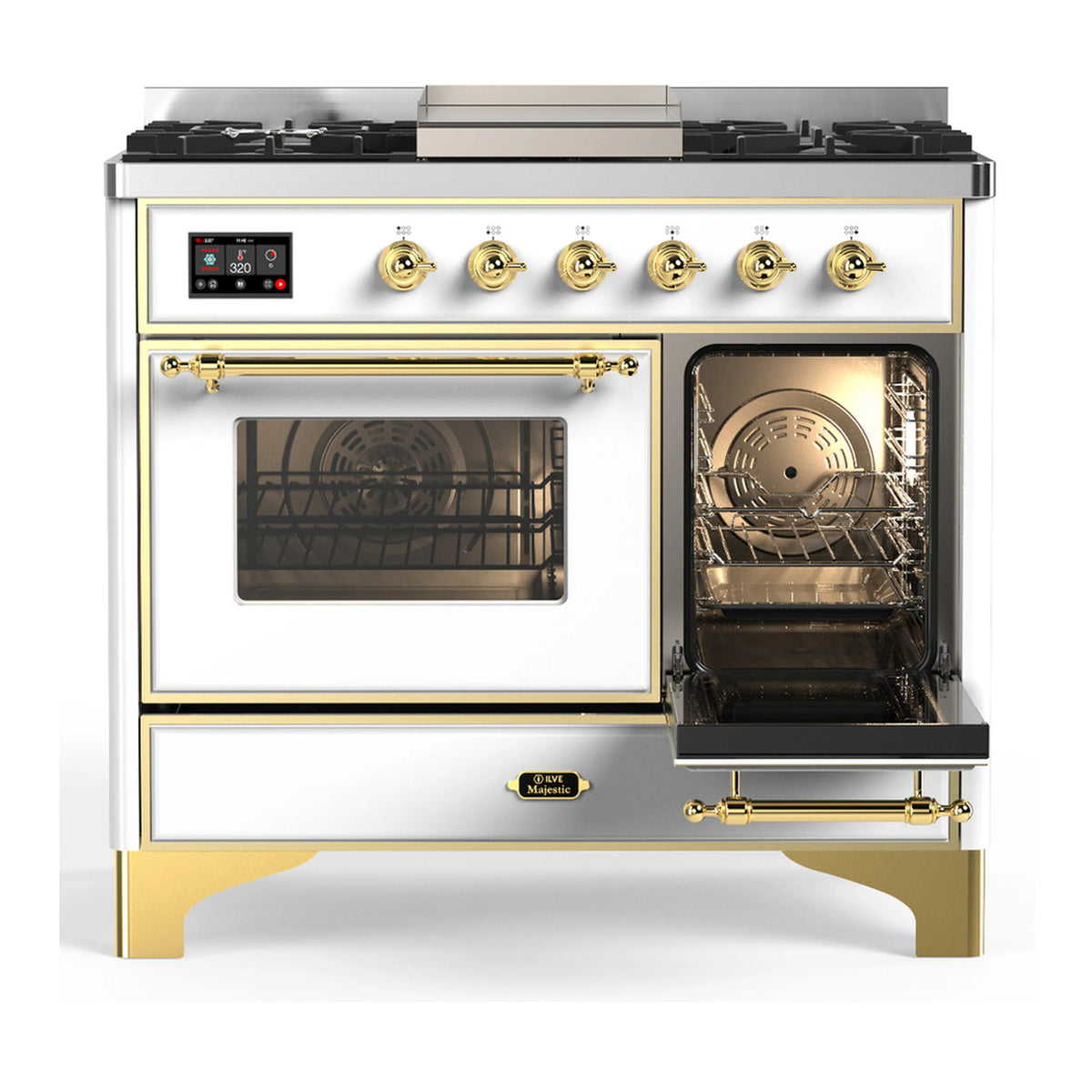 White dual fuel range with brass trim and brass knobs; visible dual oven glass doors