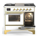 ILVE Majestic III 40-inch Dual Fuel Range with 6 Natural Gas Burner, Griddle and Triple Glass Door Electric Oven in White with Brass Trim (UMD40FNR3WHG)