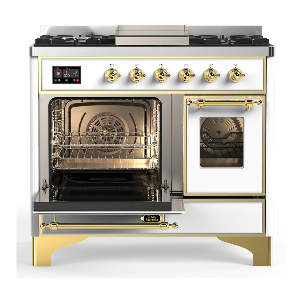 White dual fuel range with brass trim; ovens and front panel visible with brass handle accents