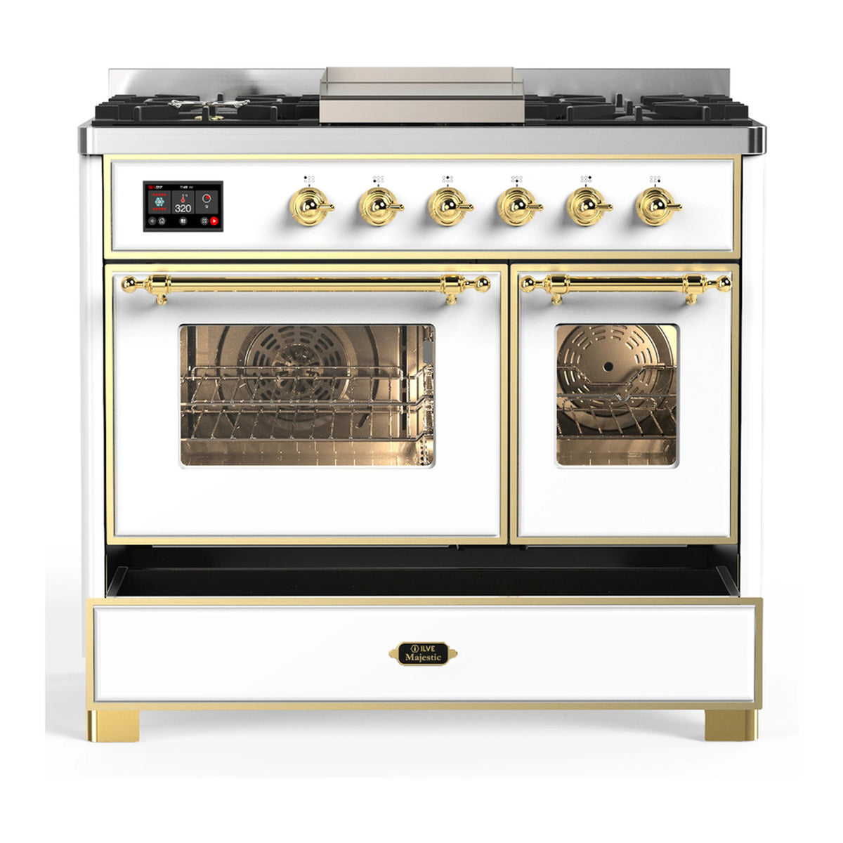 White dual fuel range with brass trim; two oven glass doors and lower storage drawer
