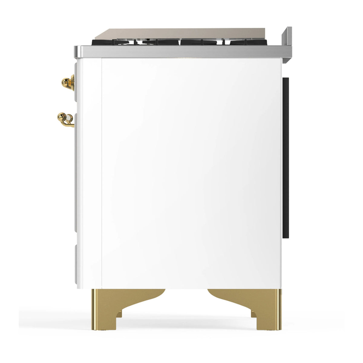 White range side panel with brass base feet and stainless top over burner housing