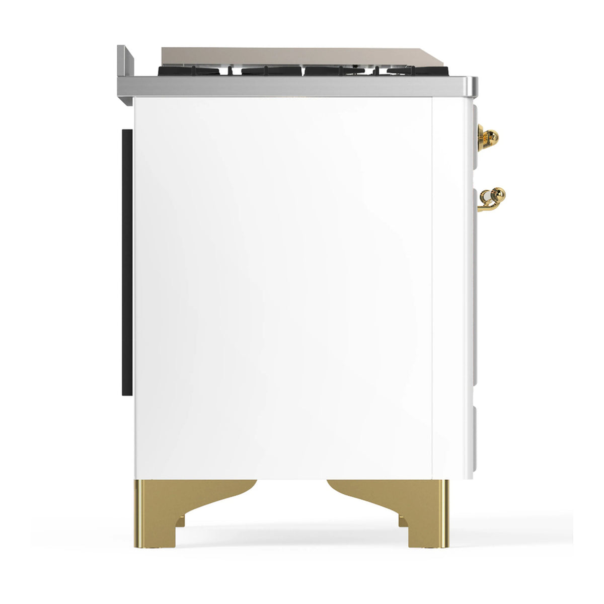 White dual fuel range side view with brass trim edge and black side access panel