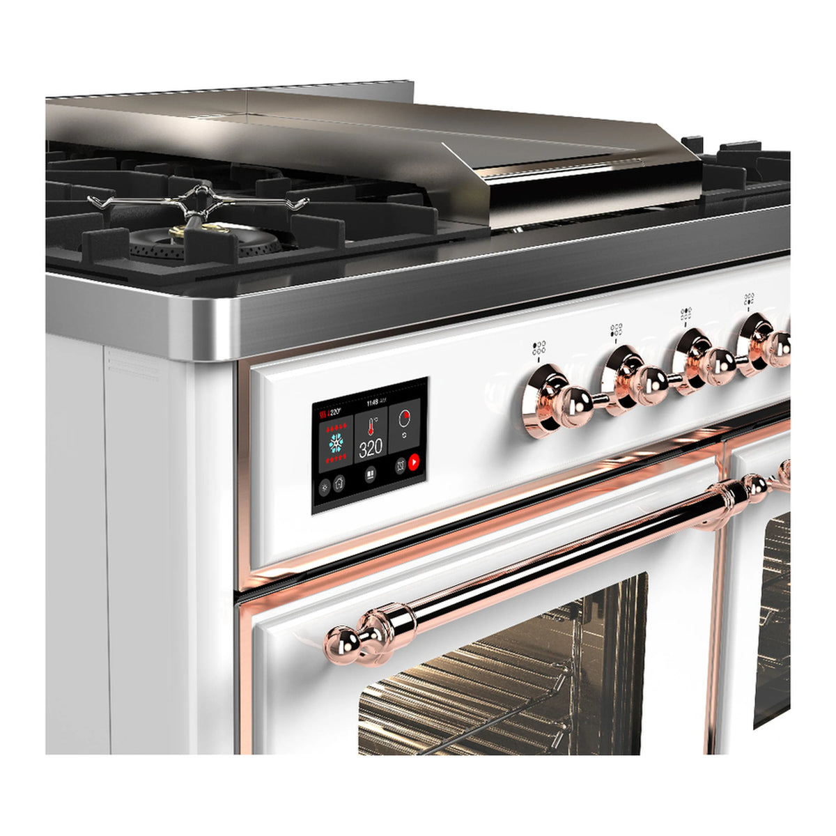 White dual fuel range with copper trim, front controls, and oven door with window