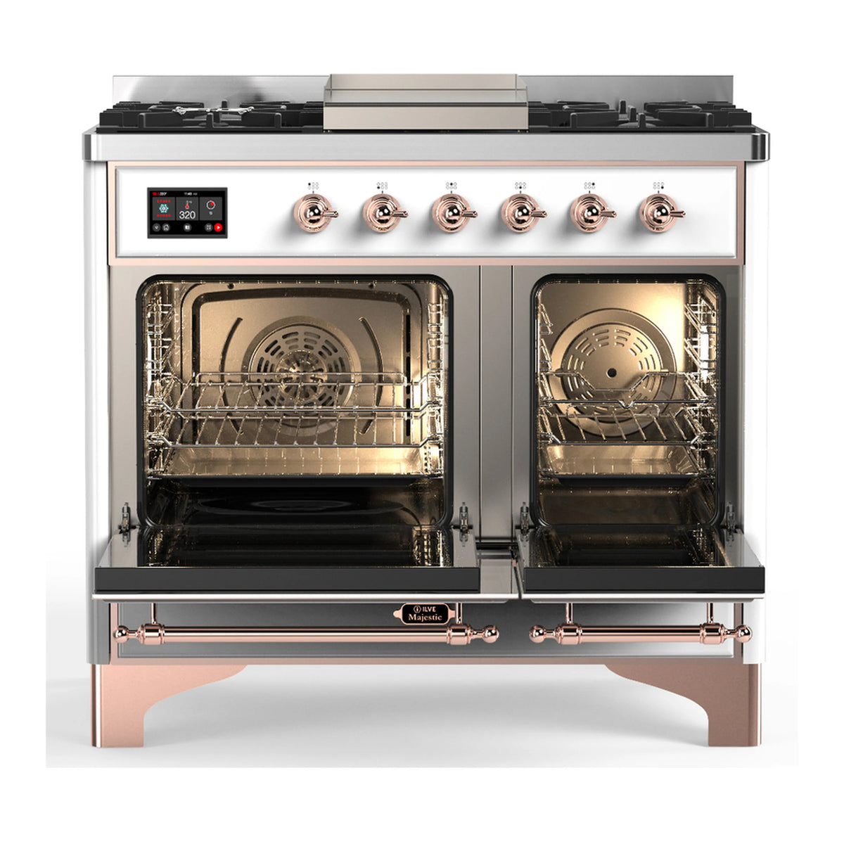 White dual fuel range with copper trim; four black oven burners visible inside