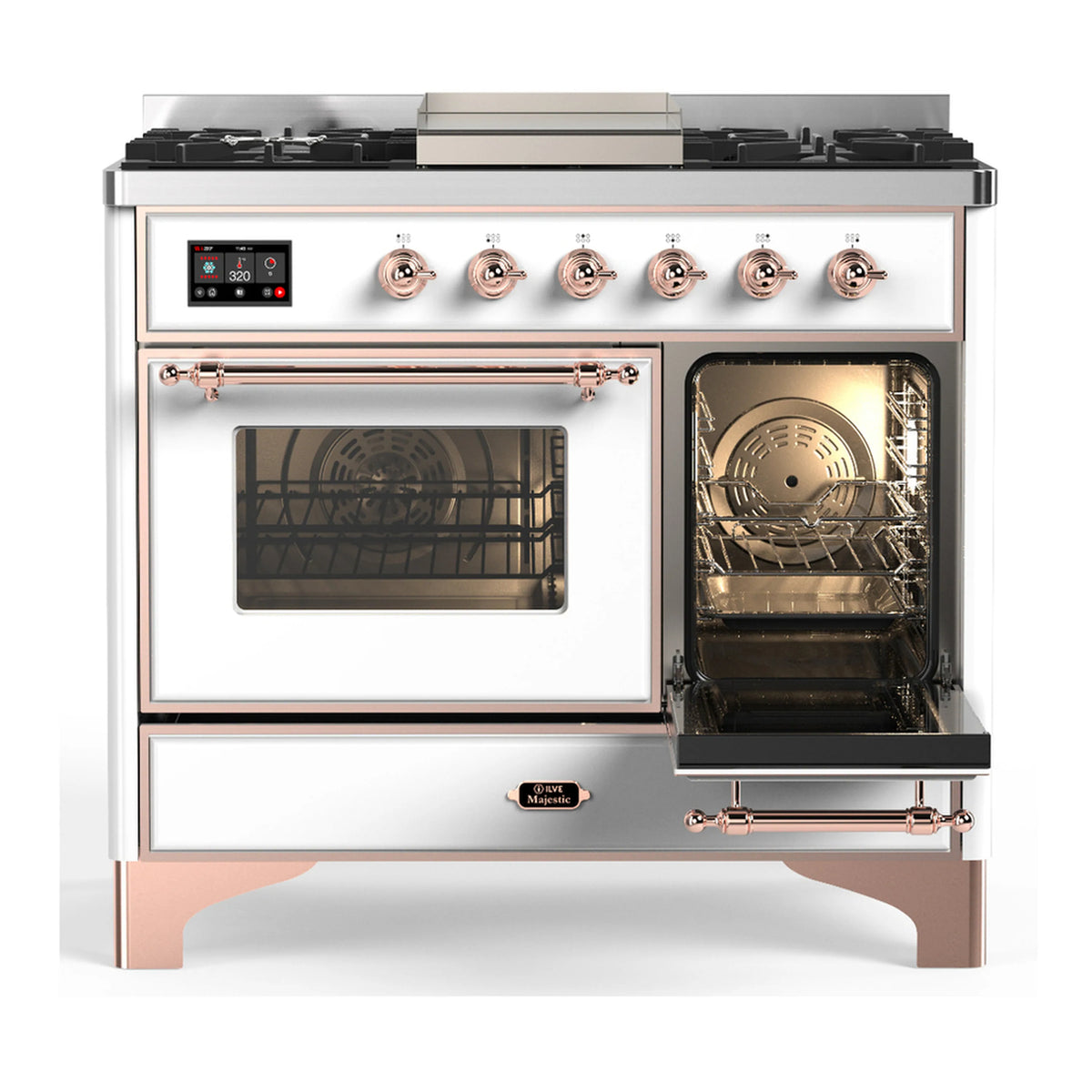 White dual fuel range with copper trim, one oven door open, and control panel