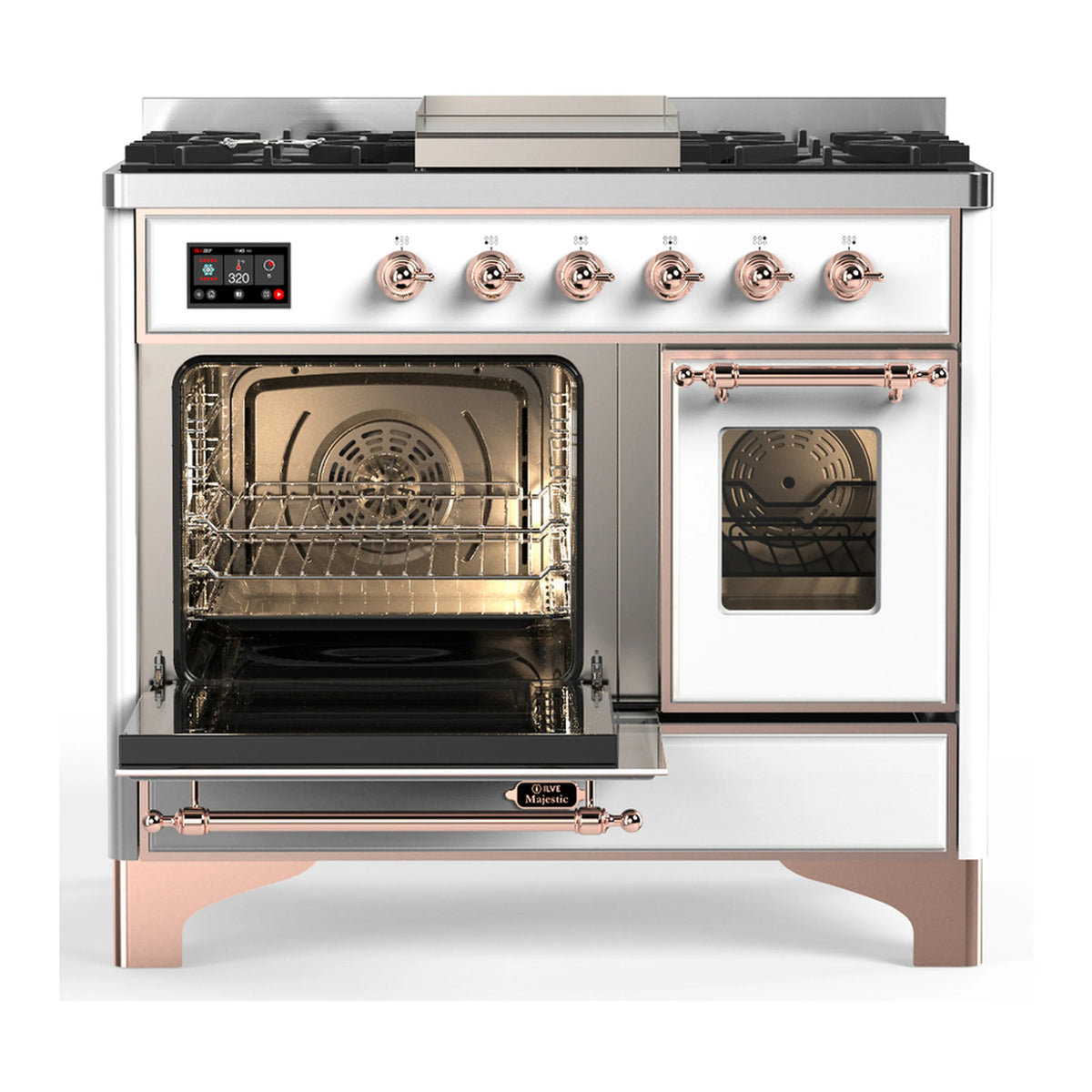 White dual fuel range with copper trim; two ovens with glass doors and open burner view