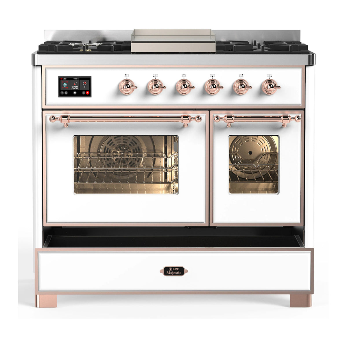 White dual fuel range with copper trim; both oven compartments open with racks