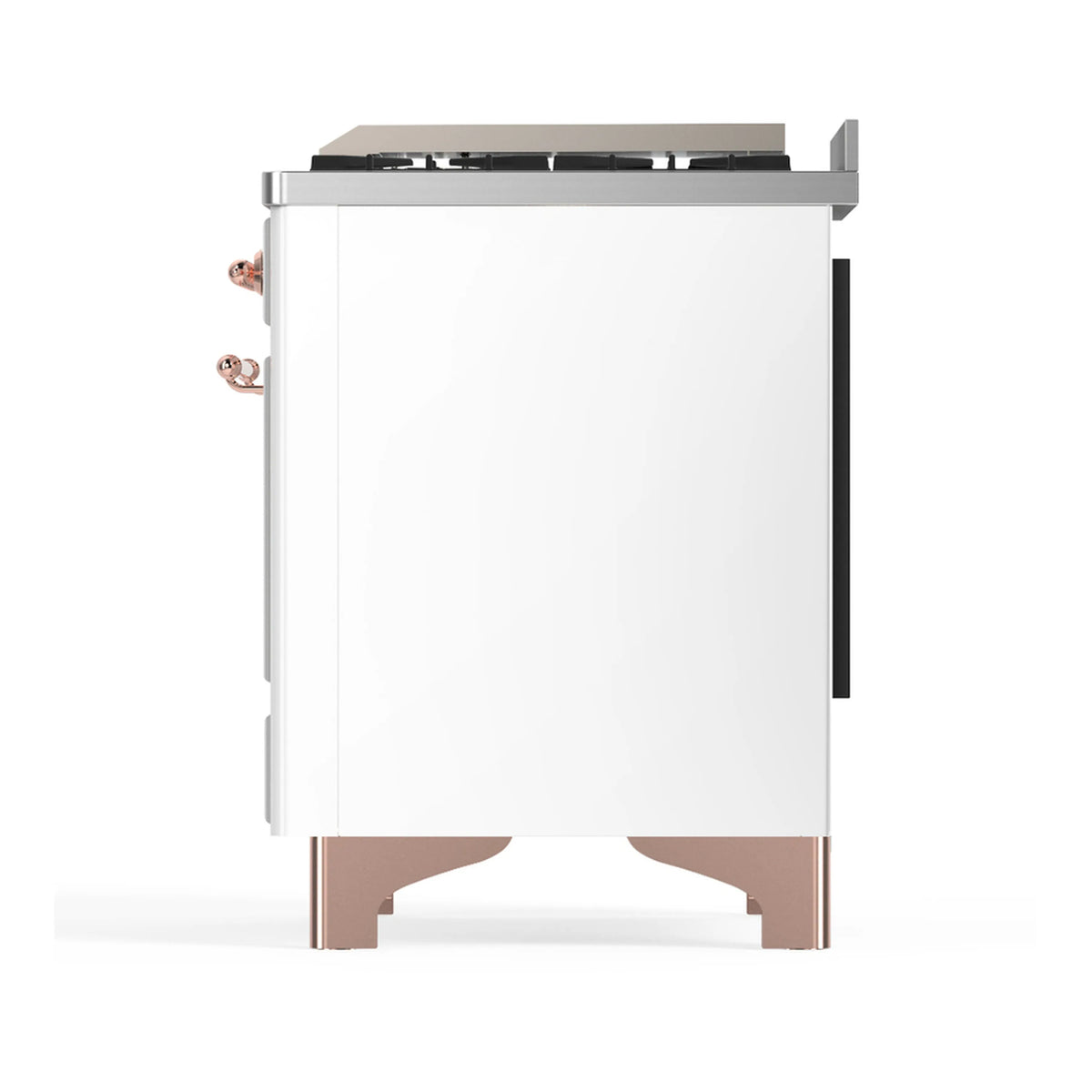 White dual fuel range side view with copper base trim and top burner grates