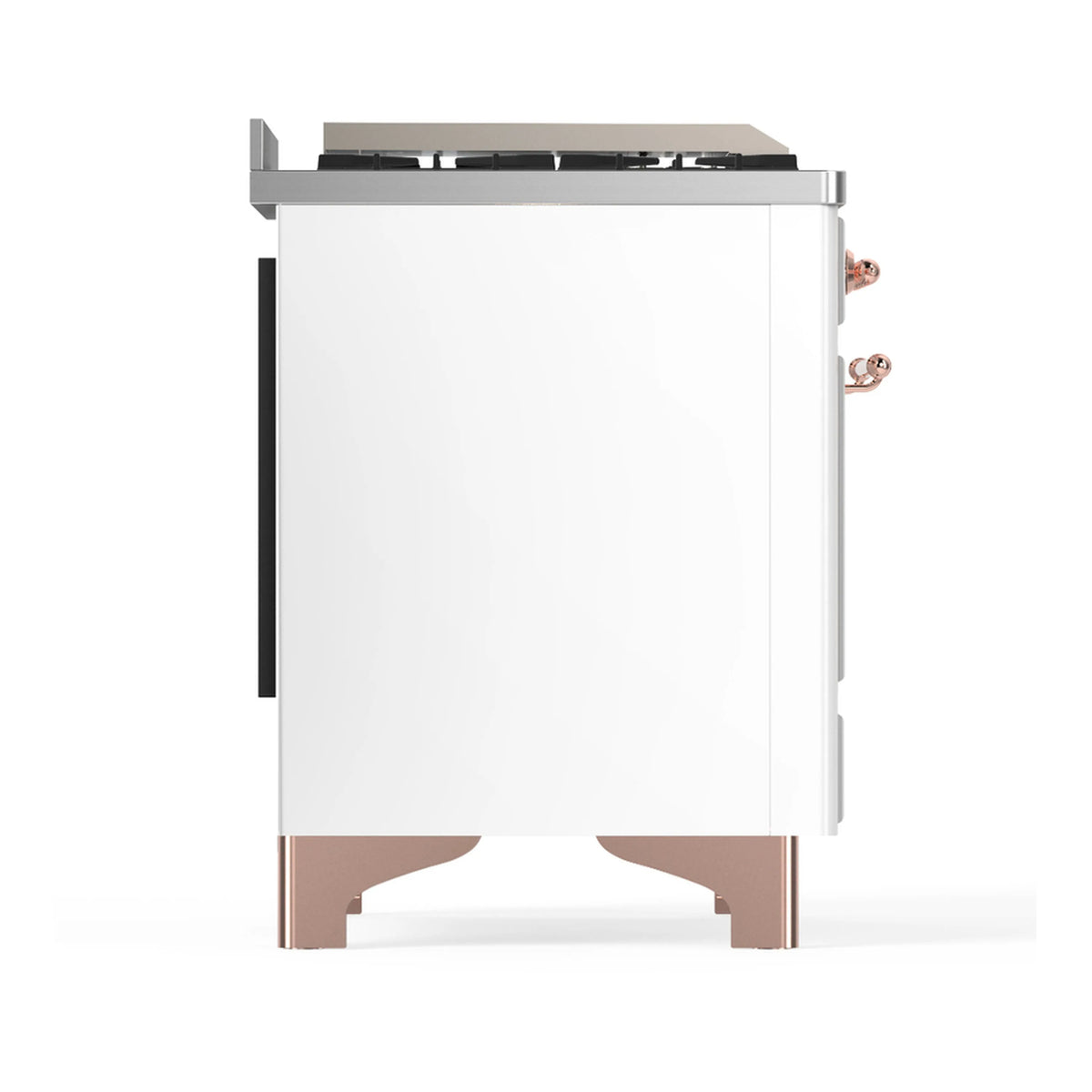 White dual fuel range rear-side view with copper base trim and burner controls
