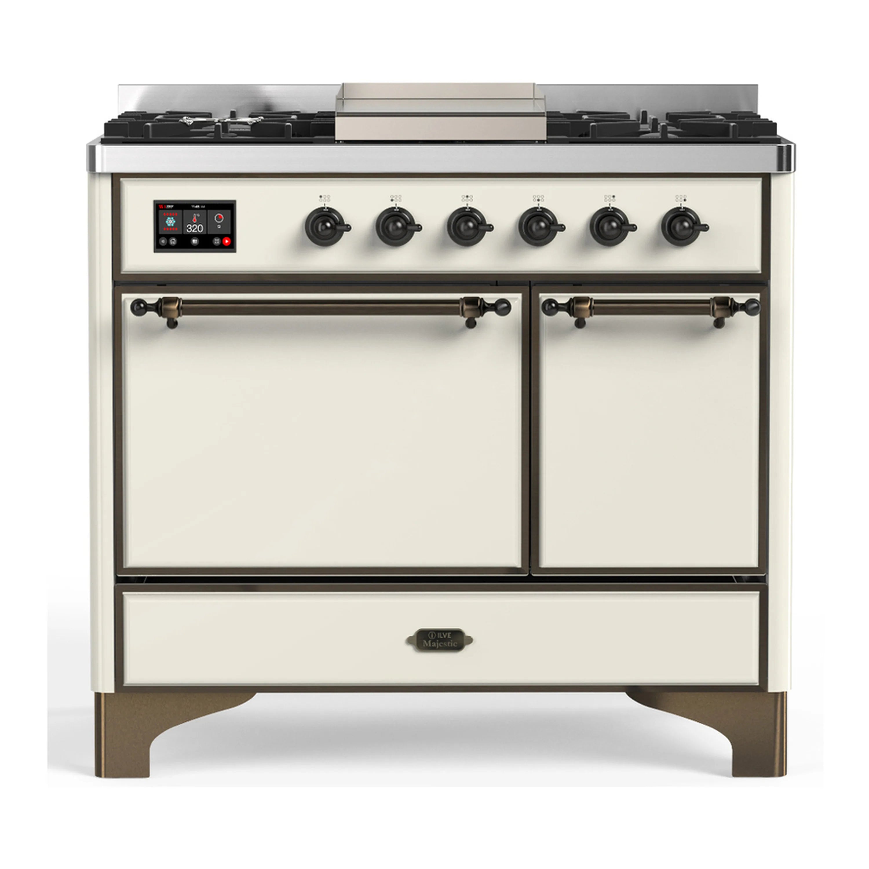 40-inch dual fuel range with 6-burner gas cooktop, griddle, and two closed ovens in antique white