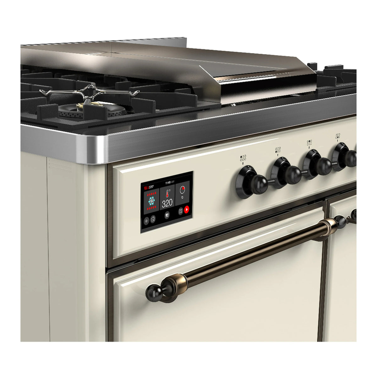 Antique white dual fuel range control panel with knobs, display, and open griddle surface