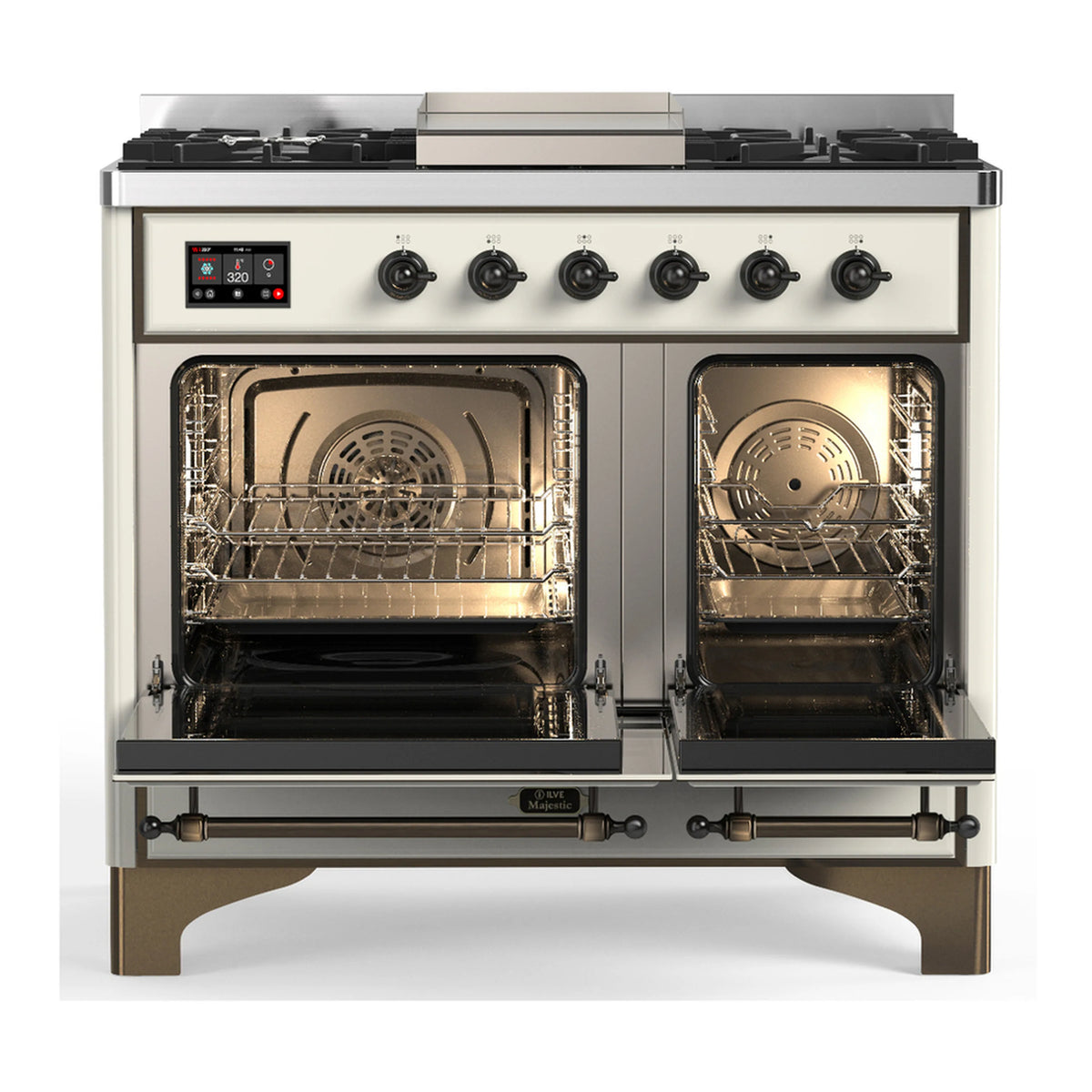 Antique white dual fuel range with two open oven doors showing racks and interior fans