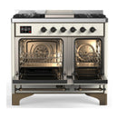 ILVE Majestic III 40-inch Dual Fuel Range with 6 Natural Gas Burner, Griddle and Solid Door Electric Oven in Antique White with Burnished Trim (UMD40FQNR3AWB)