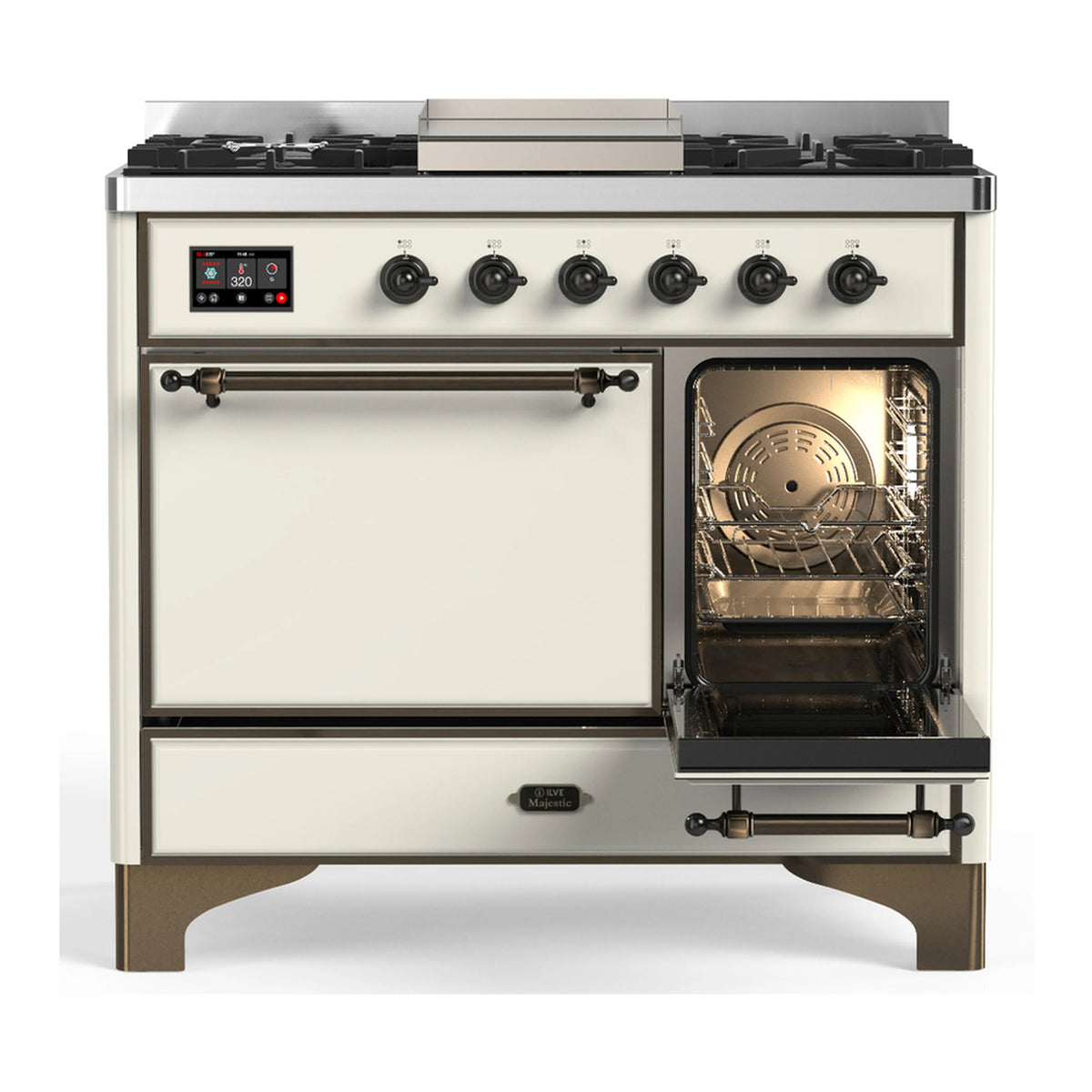 Antique white dual fuel range with one oven door open, showing oven interior and racks
