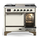 ILVE Majestic III 40-inch Dual Fuel Range with 6 Natural Gas Burner, Griddle and Solid Door Electric Oven in Antique White with Burnished Trim (UMD40FQNR3AWB)