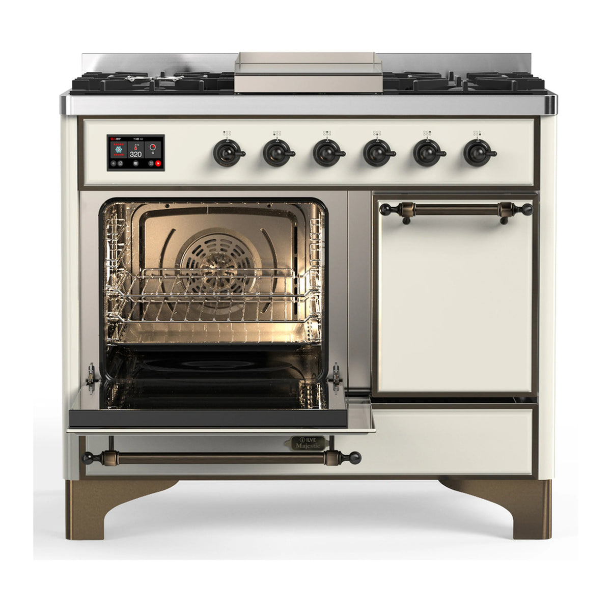 Antique white dual fuel range with left oven door open, displaying oven racks and burner area