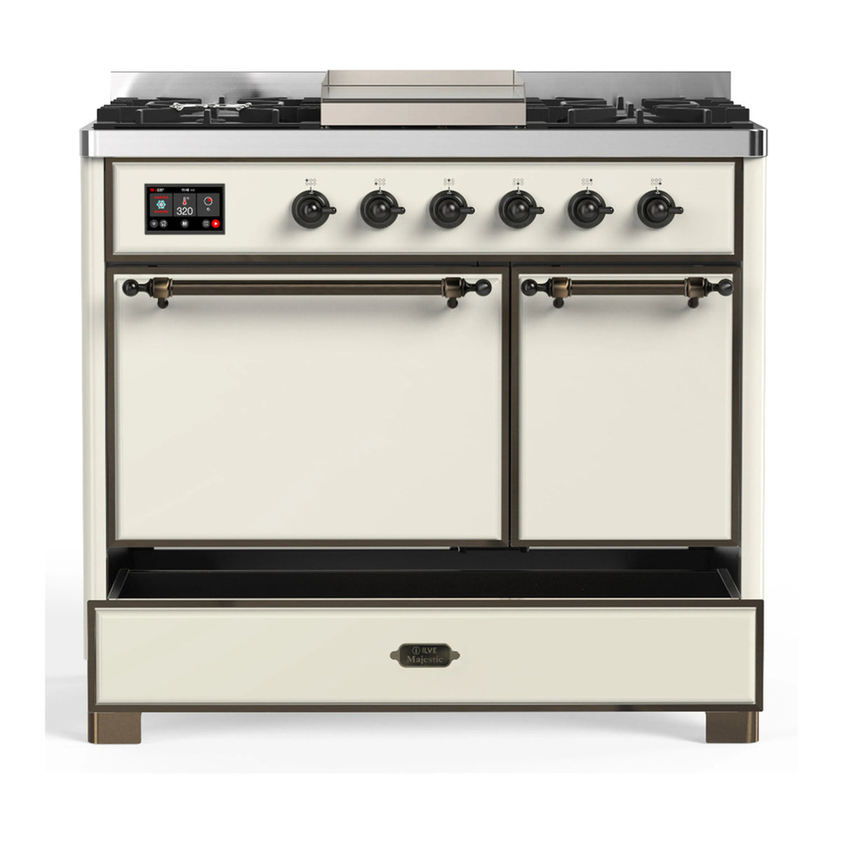 Antique white dual fuel range with two closed oven doors and bottom storage drawer
