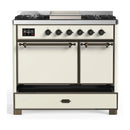 ILVE Majestic III 40-inch Dual Fuel Range with 6 Natural Gas Burner, Griddle and Solid Door Electric Oven in Antique White with Burnished Trim (UMD40FQNR3AWB)