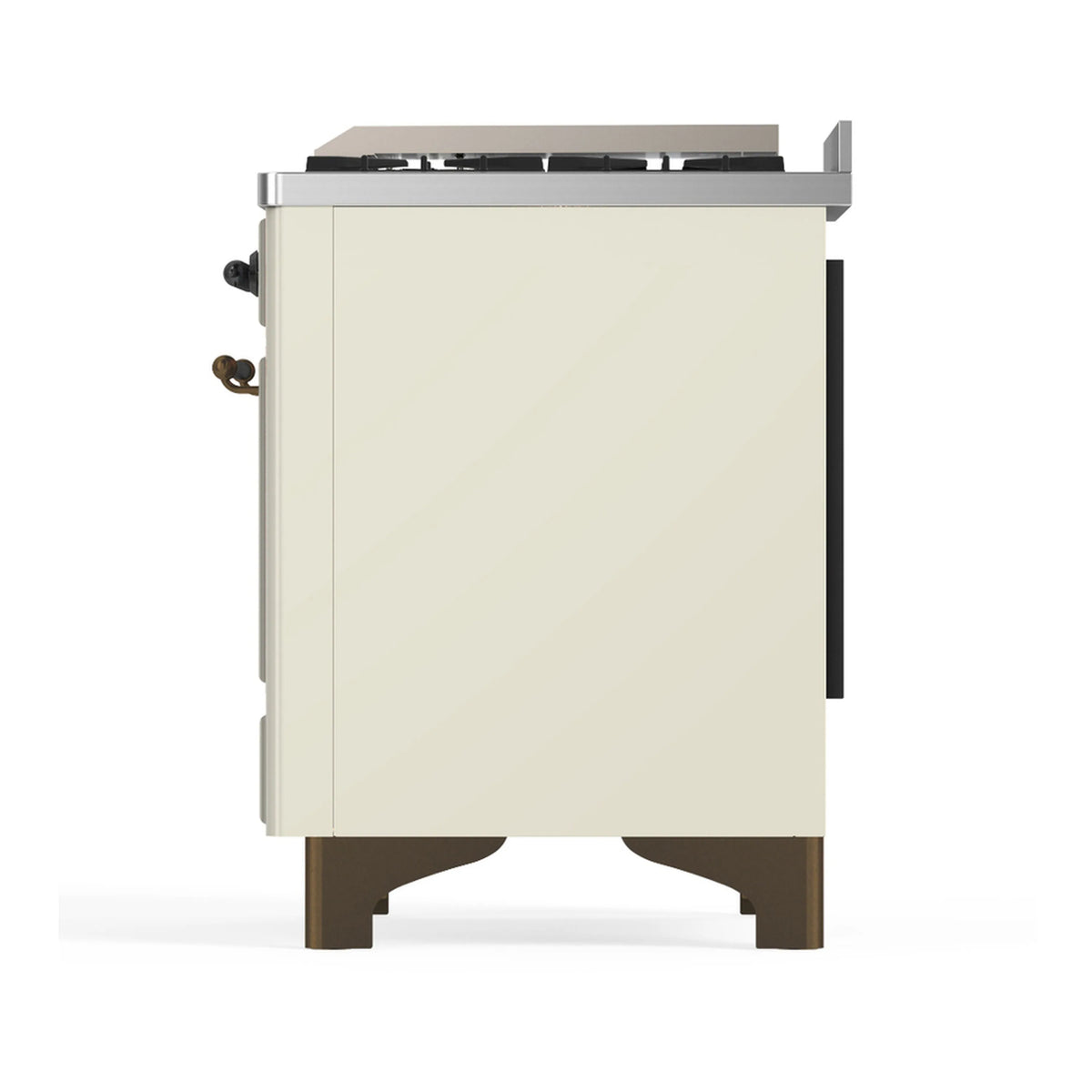 Side view of antique white dual fuel range with burner grates, side controls, and legs