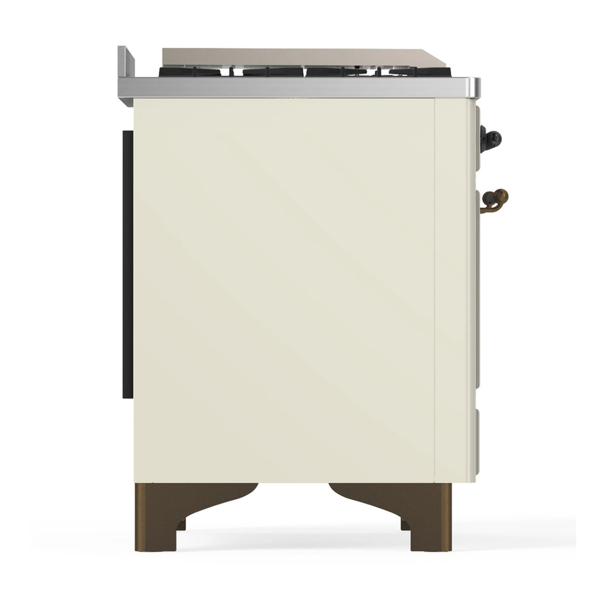 Rear side view of antique white dual fuel range with back trim and burner section
