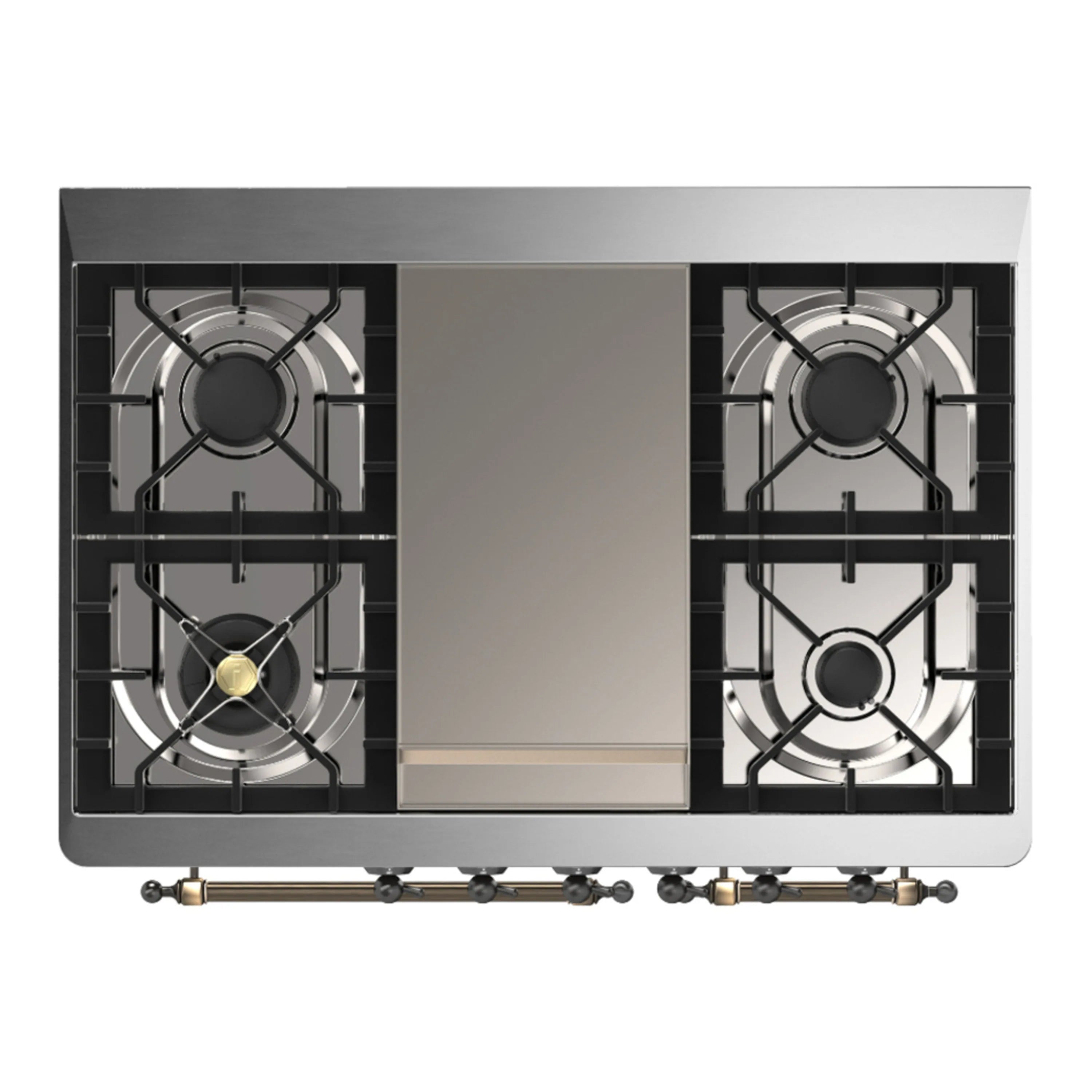 Top view of dual fuel range cooktop with four black gas burner grates and control knobs