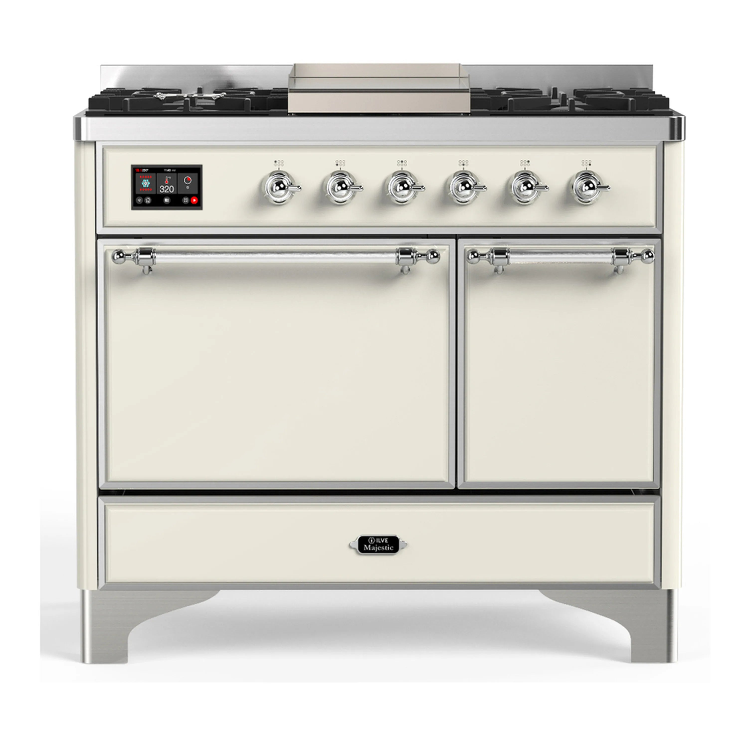 Antique white dual fuel range front view with chrome knobs and closed double ovens