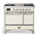 ILVE Majestic III 40-inch Dual Fuel Range with 6 Natural Gas Burner, Griddle and Solid Door Electric Oven in Antique White with Chrome Trim (UMD40FQNR3AWC)