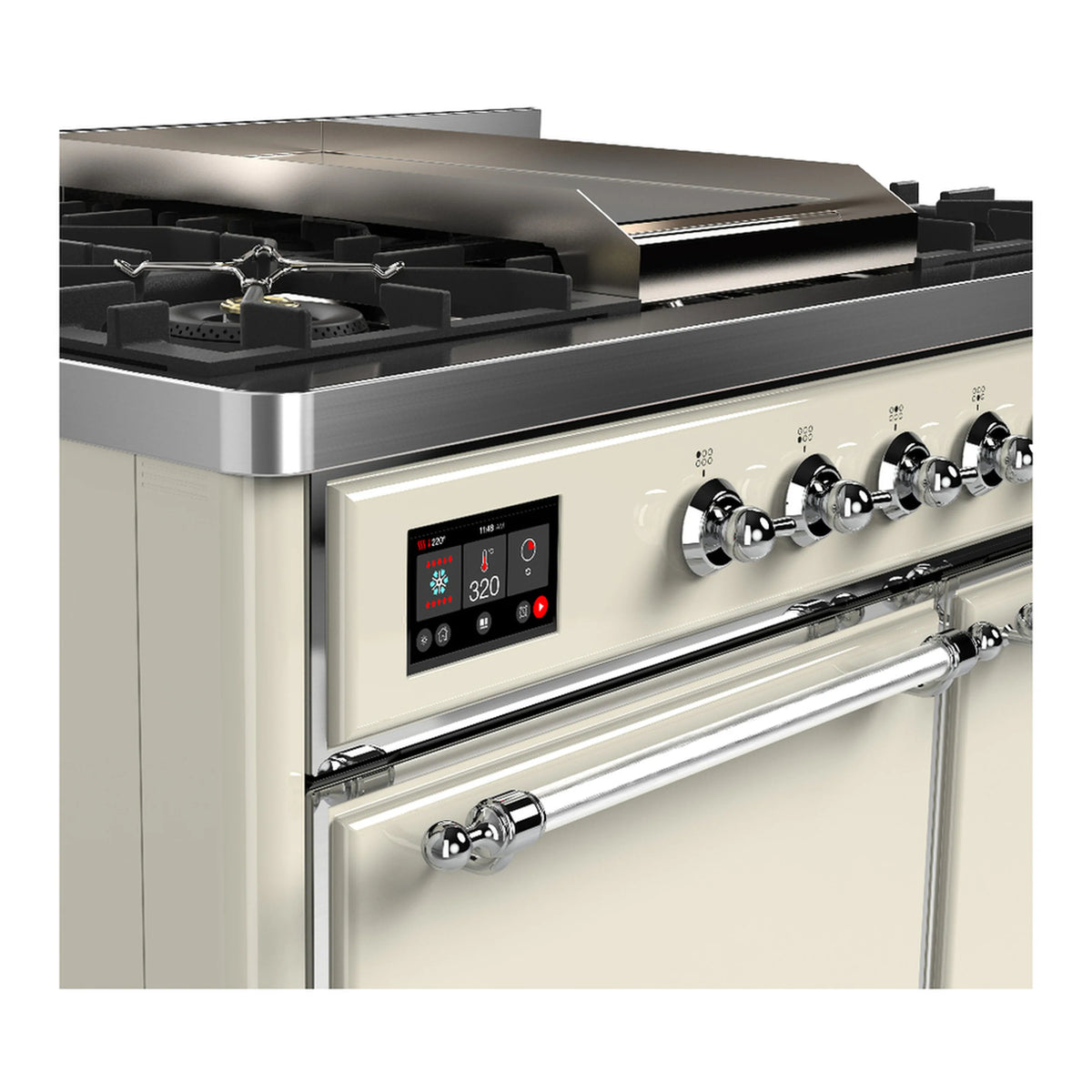 Antique white dual fuel range with chrome-trimmed control panel and gas burners