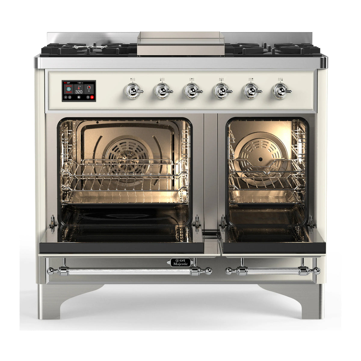 Dual fuel range with open oven doors, interior racks, and oven cavity light