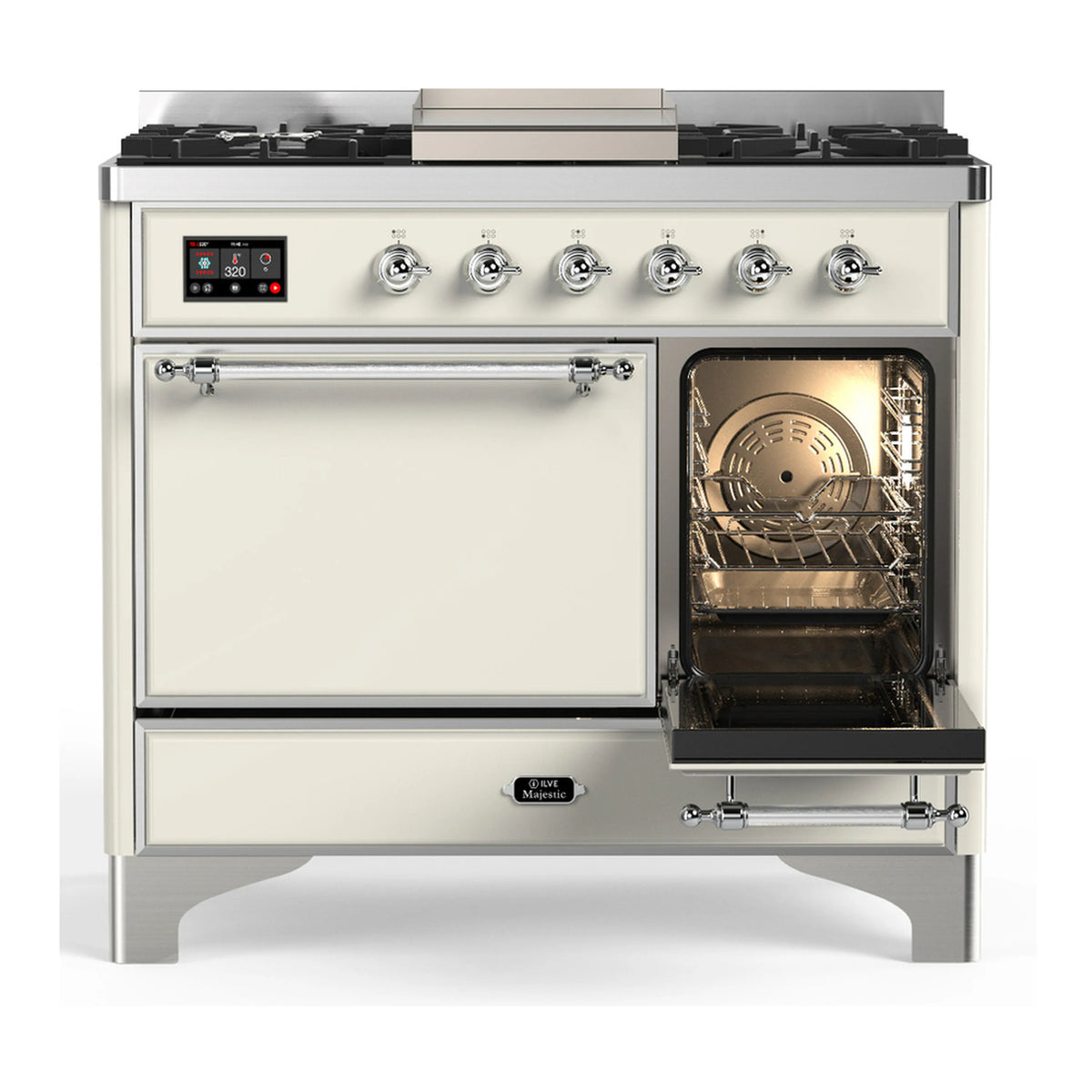 Dual fuel range with main oven door open, showing racks and warm interior light