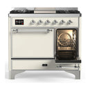 ILVE Majestic III 40-inch Dual Fuel Range with 6 Natural Gas Burner, Griddle and Solid Door Electric Oven in Antique White with Chrome Trim (UMD40FQNR3AWC)