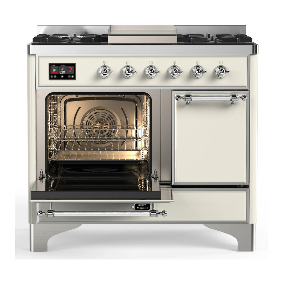Dual fuel range with open oven door and closed lower storage door