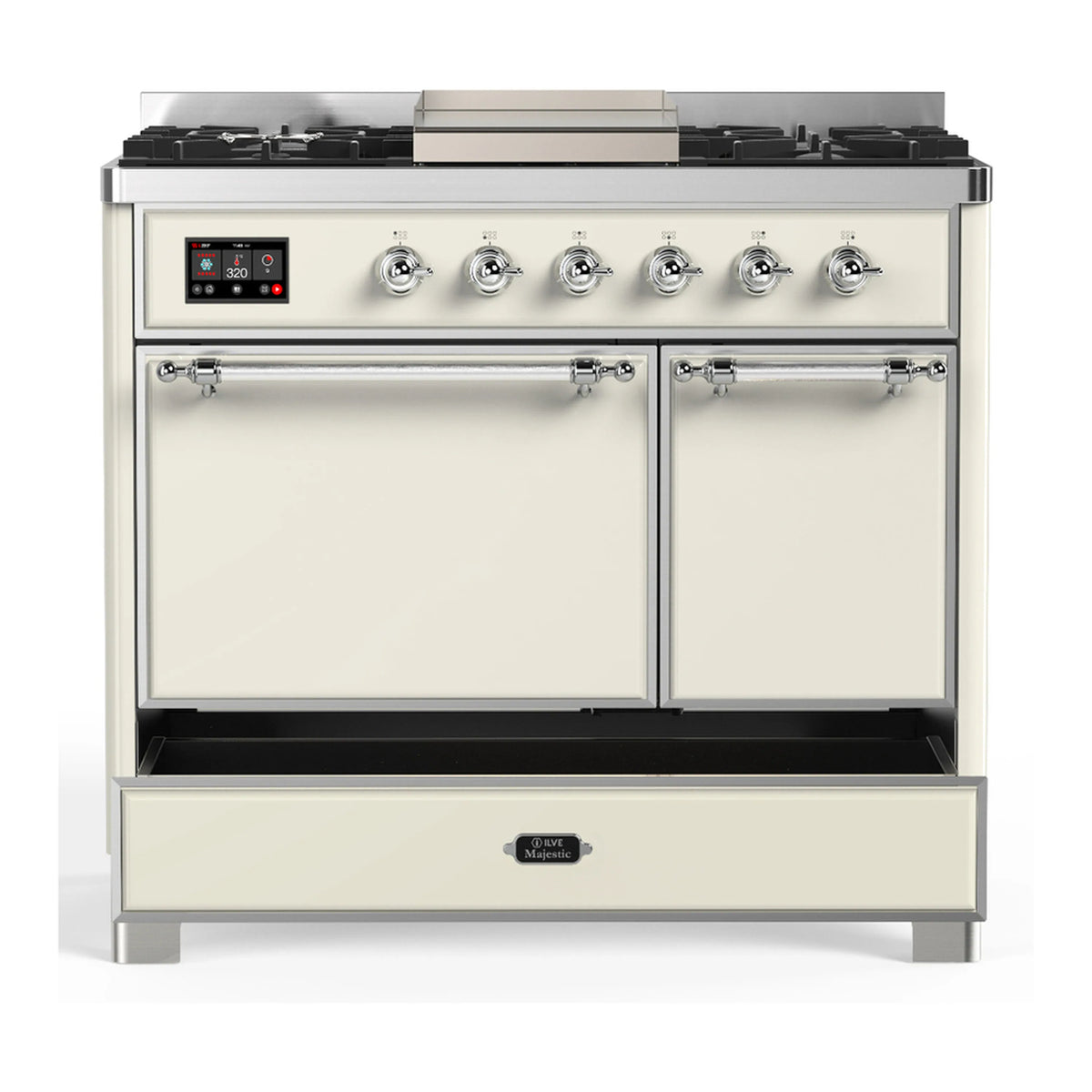 Antique white dual fuel range with two closed oven doors and chrome handles