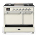 ILVE Majestic III 40-inch Dual Fuel Range with 6 Natural Gas Burner, Griddle and Solid Door Electric Oven in Antique White with Chrome Trim (UMD40FQNR3AWC)