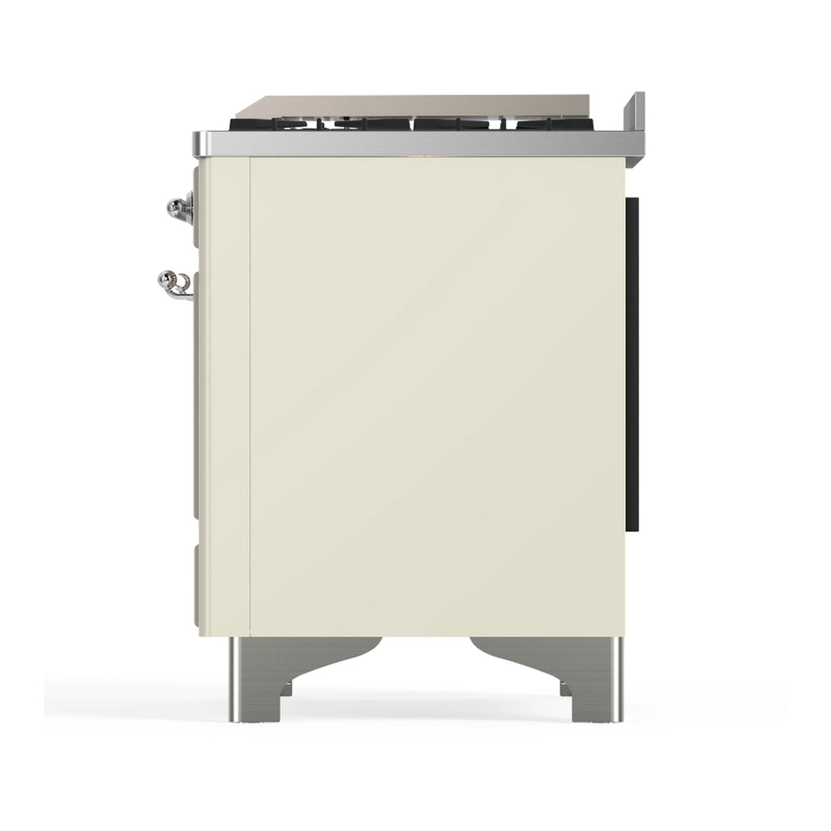 Antique white dual fuel range left side panel with chrome handle and trim
