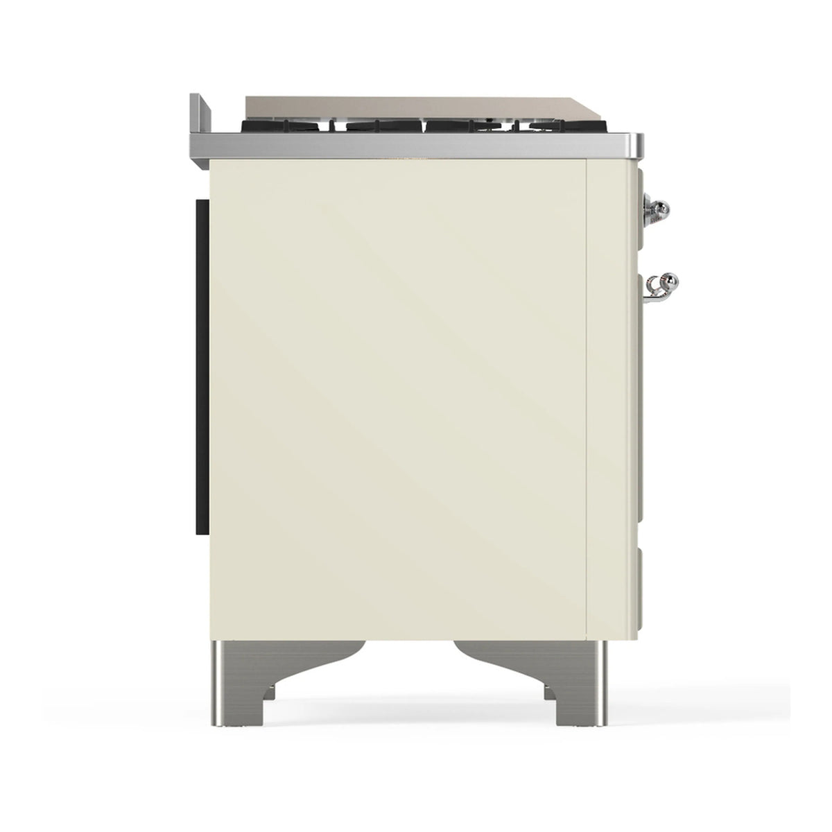 Antique white dual fuel range right side panel with chrome handle and trim