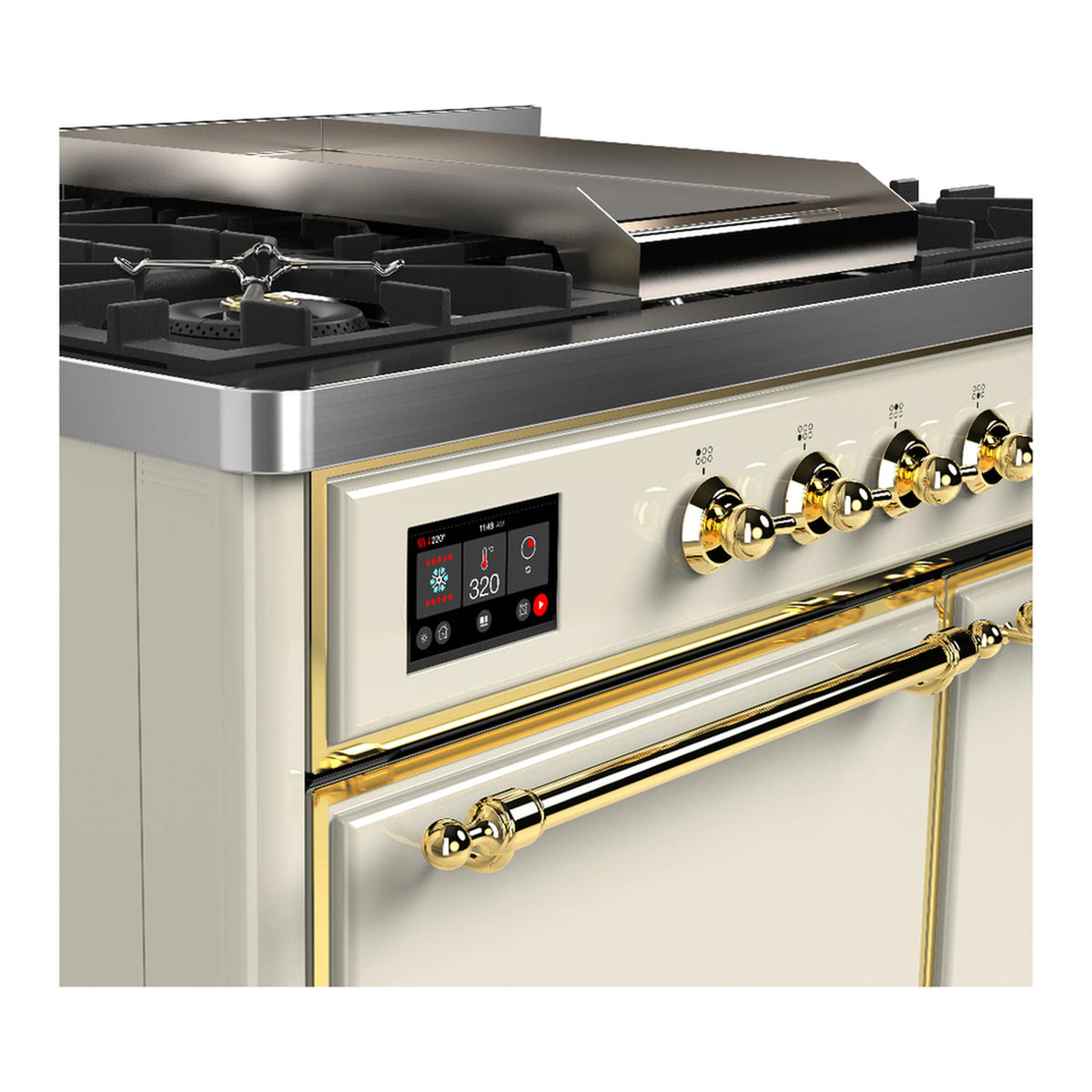 Antique white dual fuel range close-up of brass knobs, digital display and oven door handle