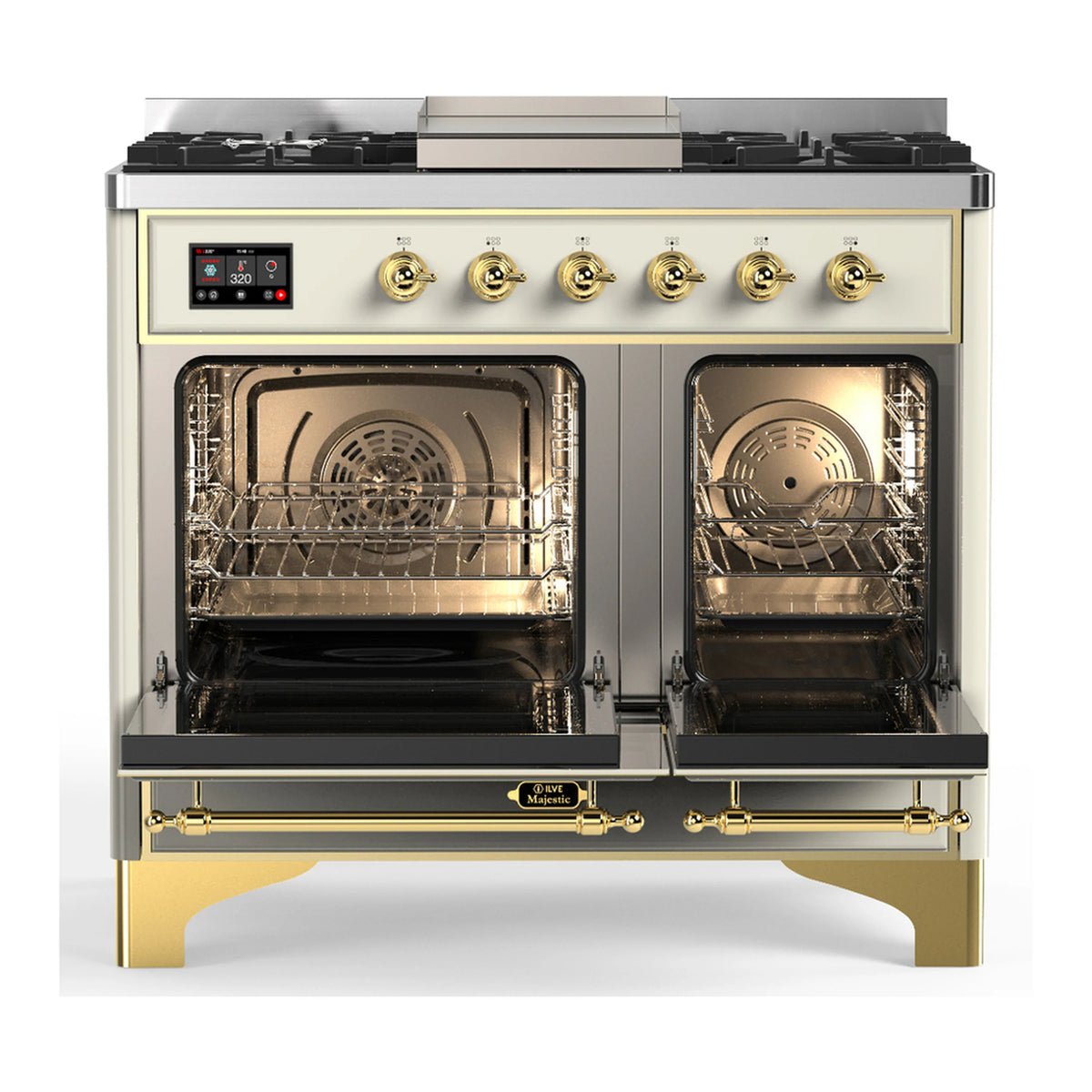 Antique white dual fuel range with open ovens, racks inside and brass trim