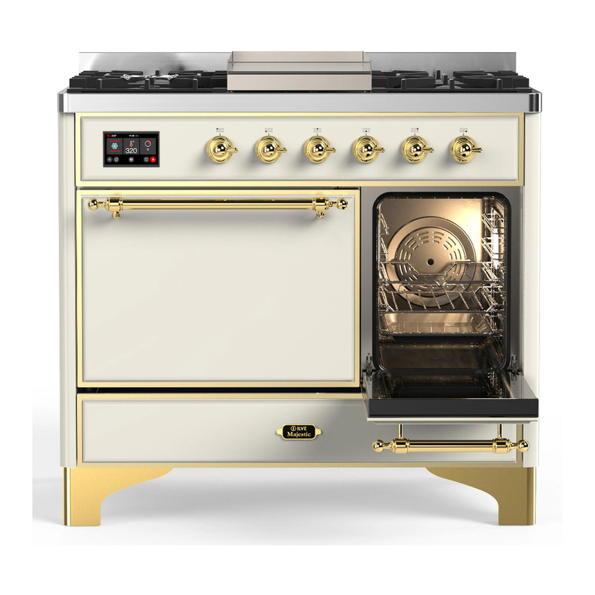 Antique white dual fuel range with open left oven door and right oven with racks