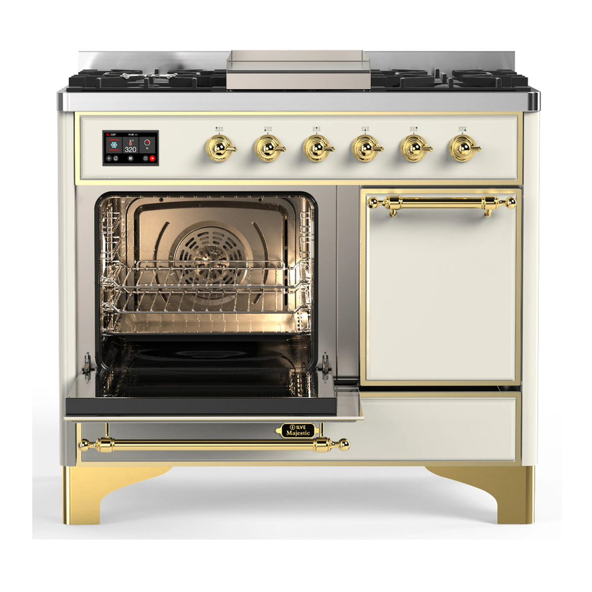 Antique white dual fuel range with open oven doors, racks inside and brass trim