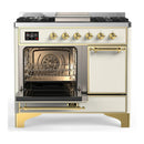 ILVE Majestic III 40-inch Dual Fuel Range with 6 Natural Gas Burner, Griddle and Solid Door Electric Oven in Antique White with Brass Trim (UMD40FQNR3AWG)