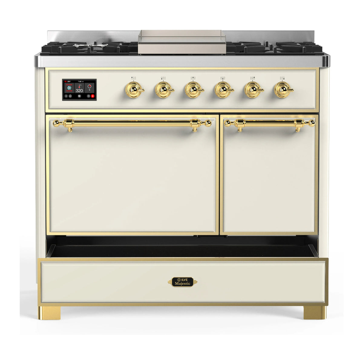 Antique white dual fuel range front view with two oven doors, lower drawer and brass trim