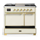 ILVE Majestic III 40-inch Dual Fuel Range with 6 Natural Gas Burner, Griddle and Solid Door Electric Oven in Antique White with Brass Trim (UMD40FQNR3AWG)