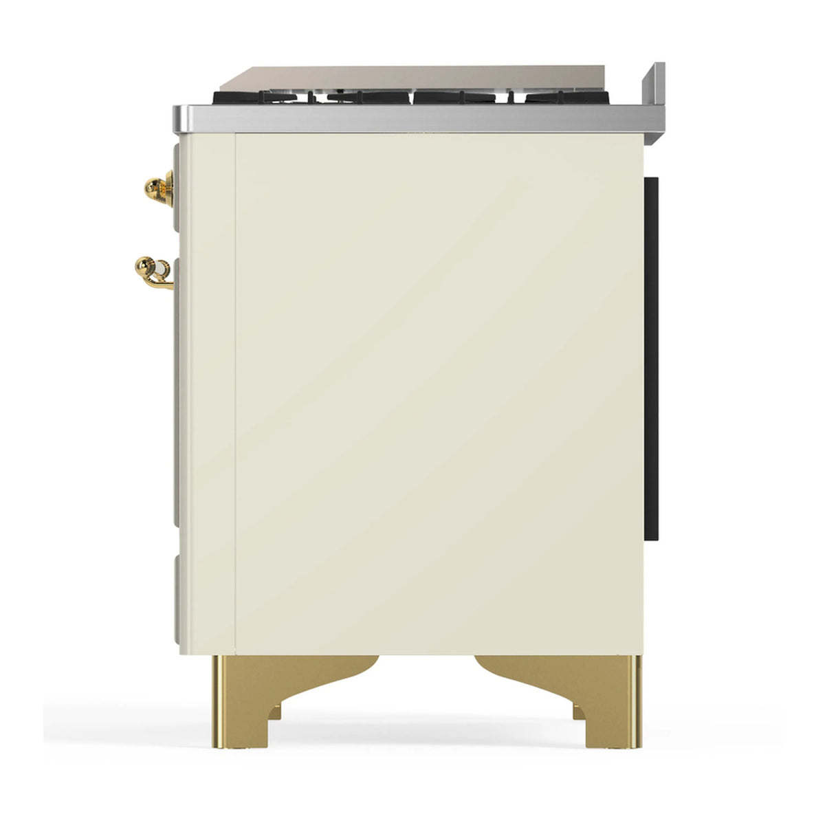 Antique white dual fuel range rear panel with brass base feet and side trim