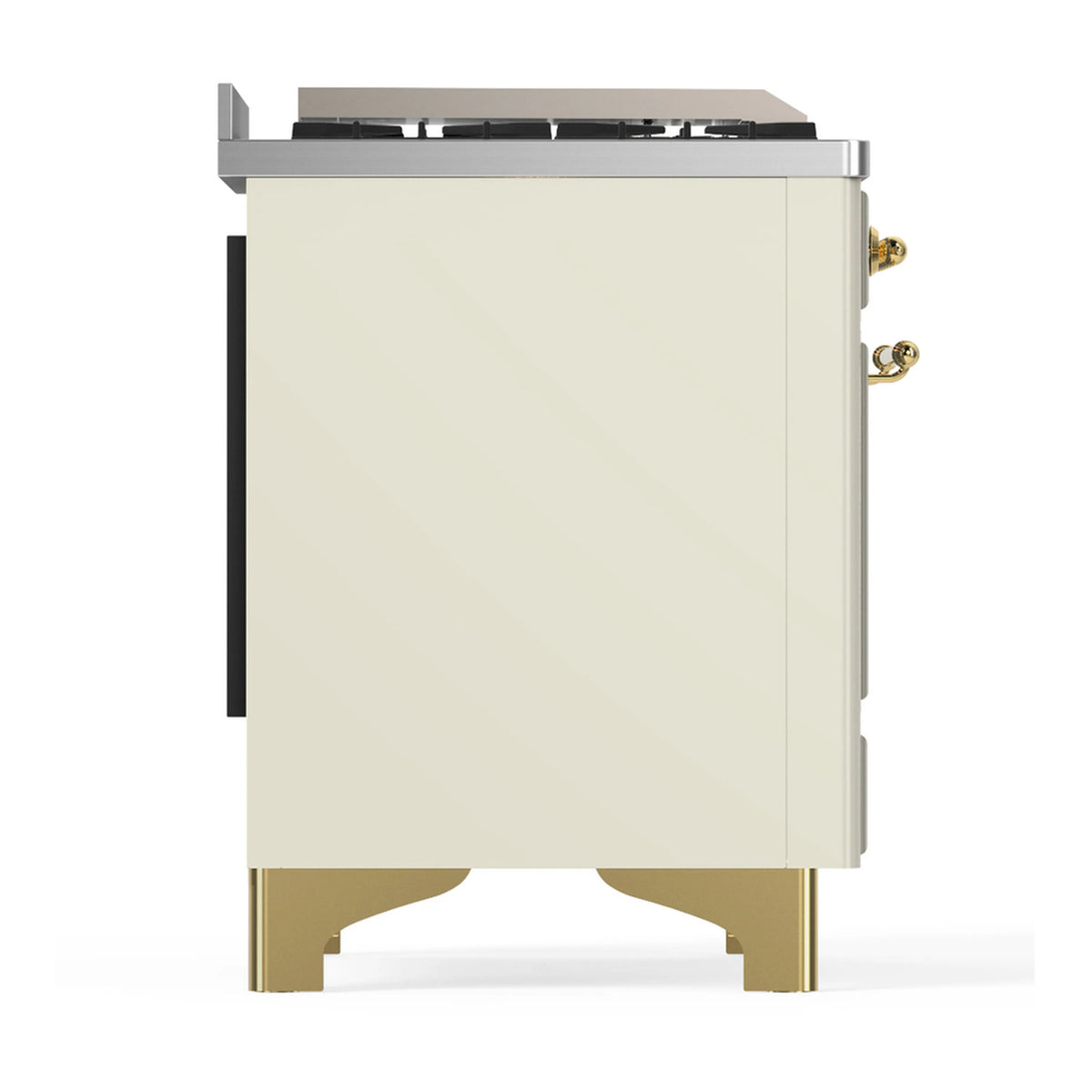 Antique white dual fuel range rear-side panel with brass trim and base feet