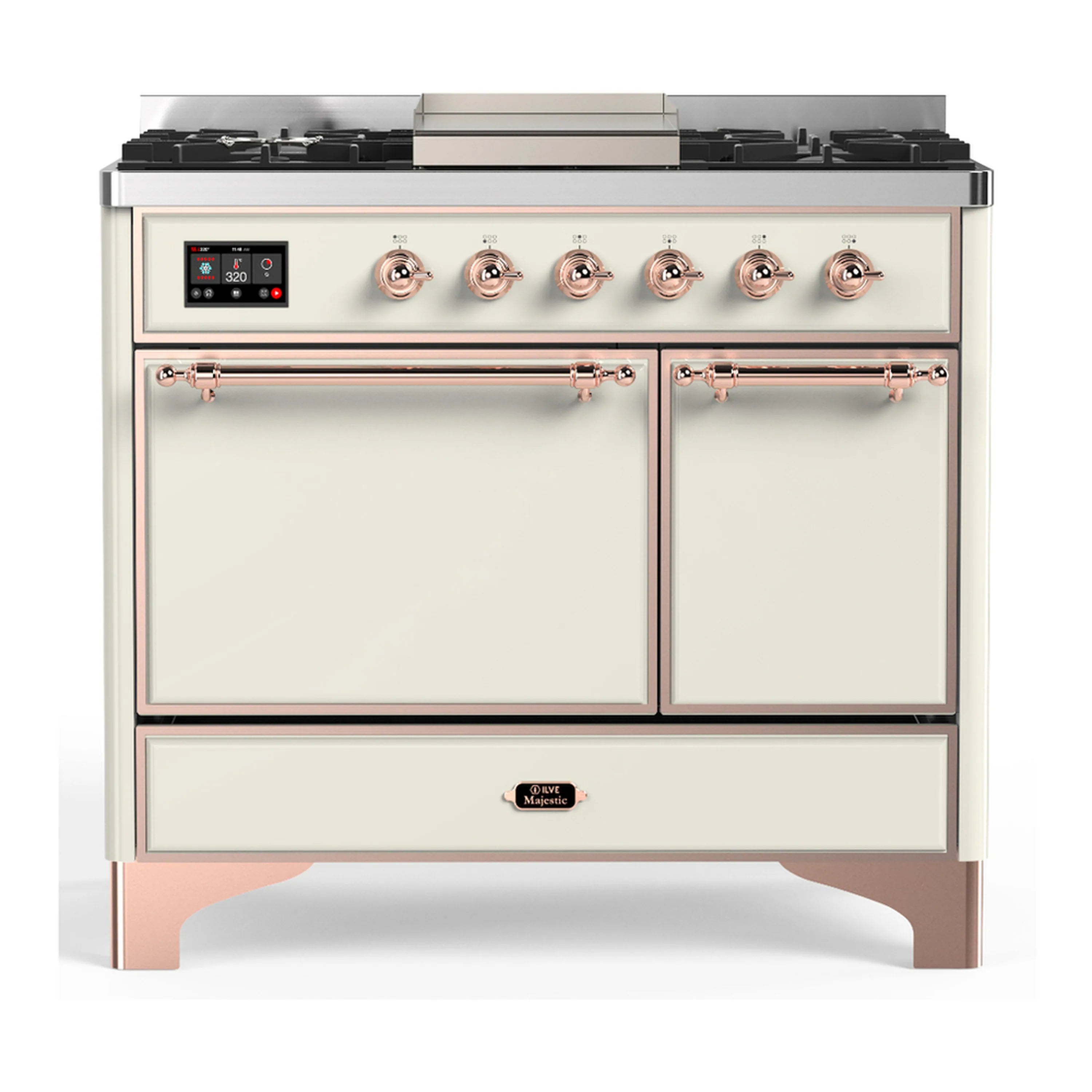 Antique white dual fuel range with two oven doors closed and copper-trimmed handles.
