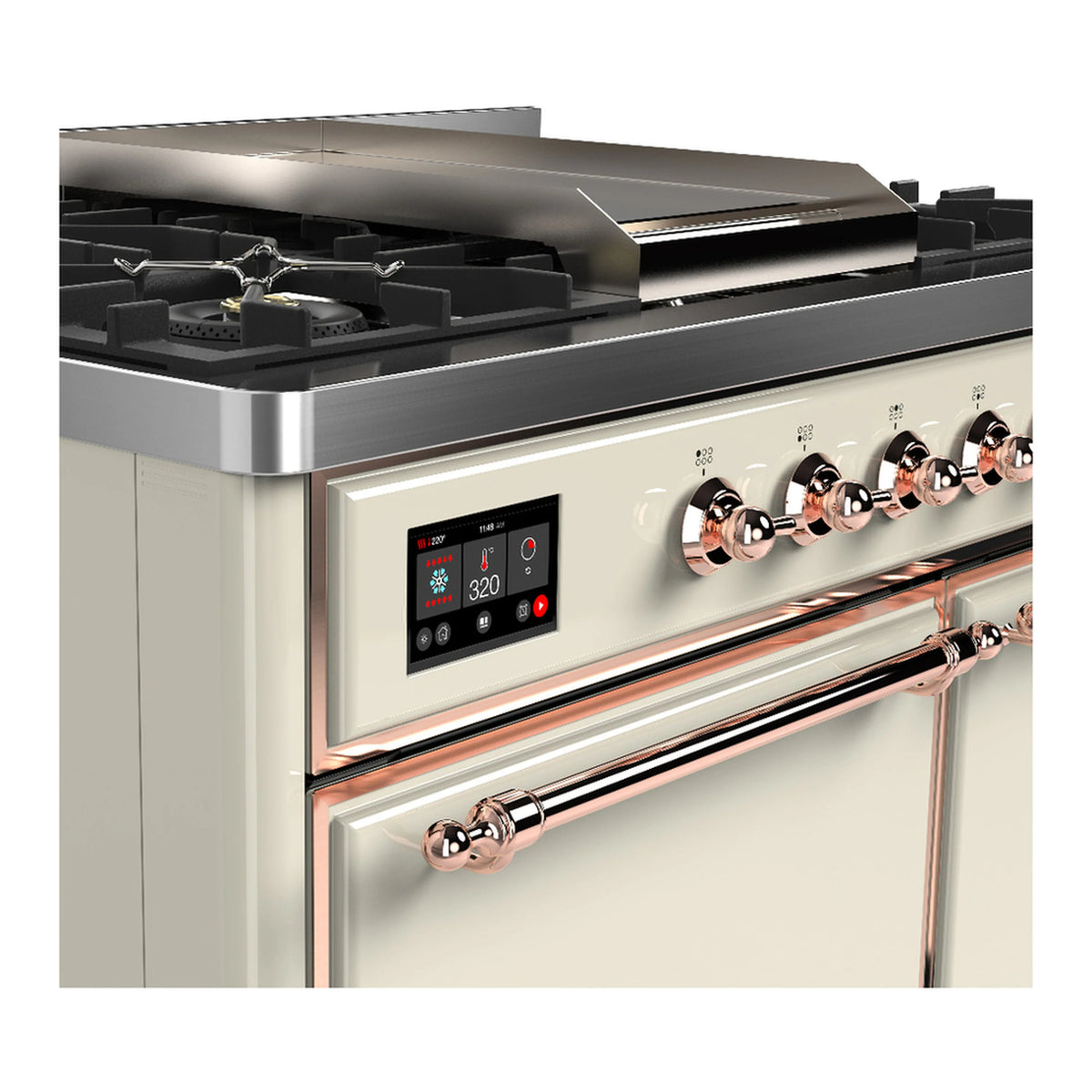 Antique white dual fuel range with copper knobs, burners and control display panel.