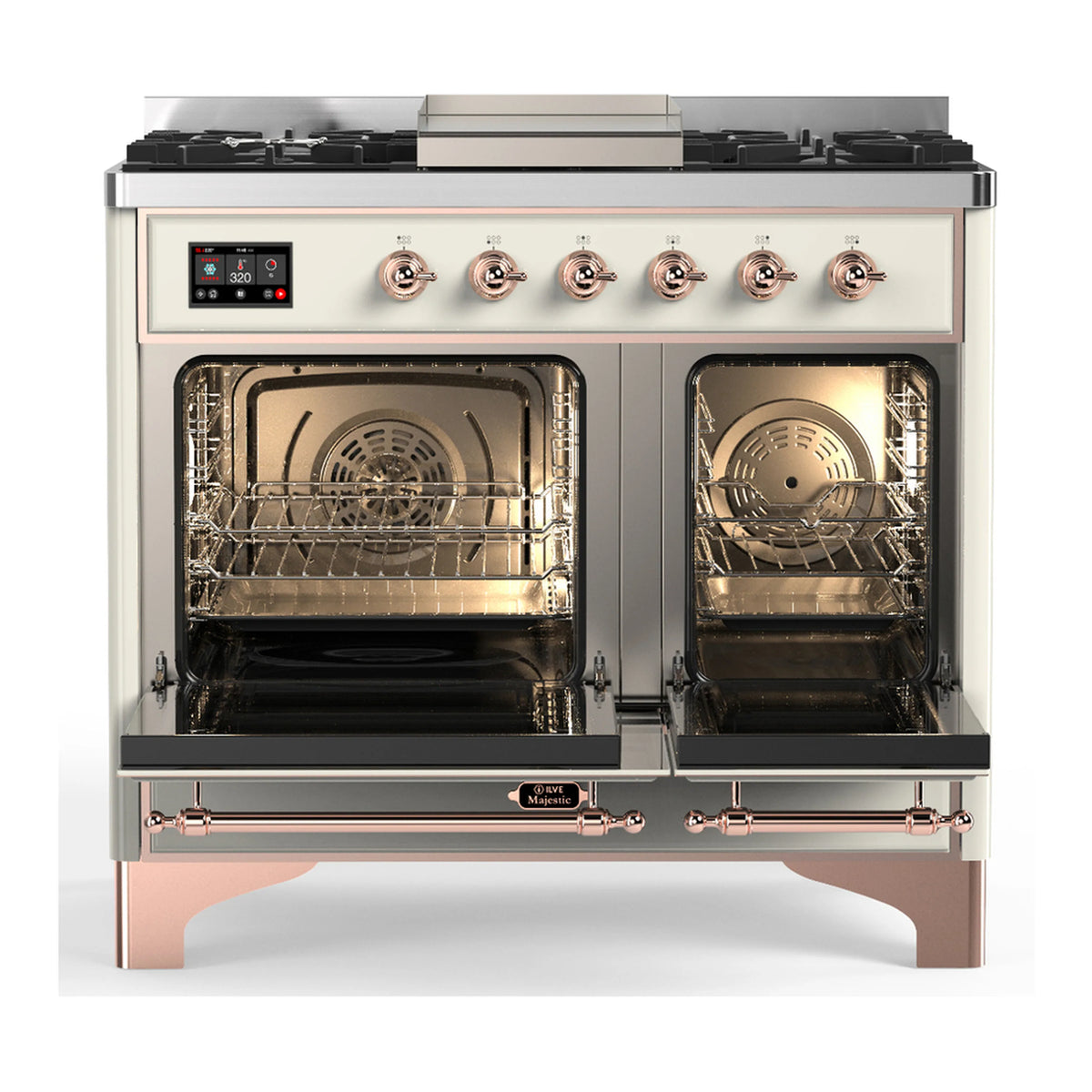 Antique white dual fuel range with two open ovens and four front control knobs.