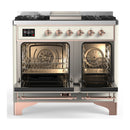 ILVE Majestic III 40-inch Dual Fuel Range with 6 Natural Gas Burner, Griddle and Solid Door Electric Oven in Antique White with Copper Trim (UMD40FQNR3AWP)