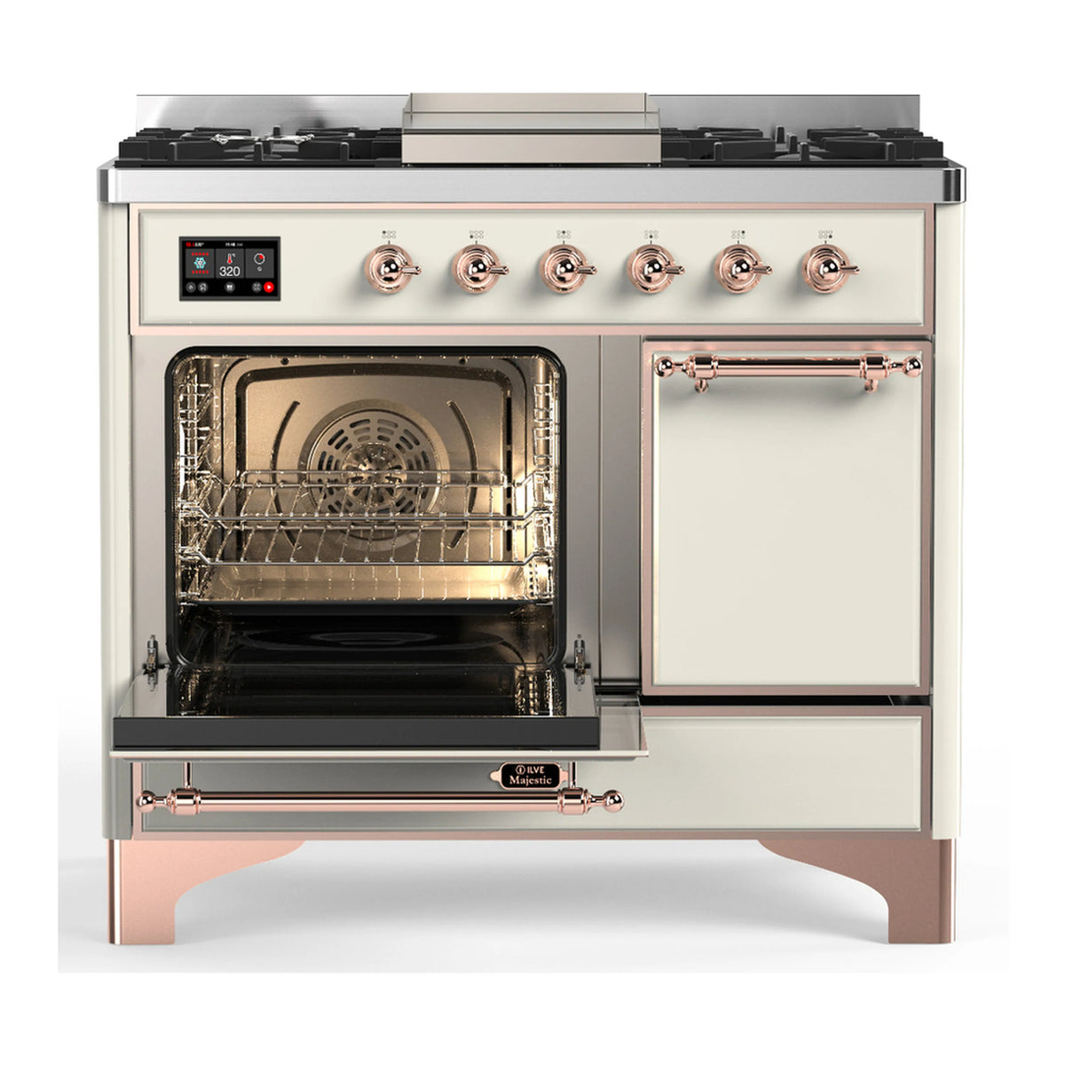 Antique white dual fuel range with one oven open, copper handle, and front control panel.